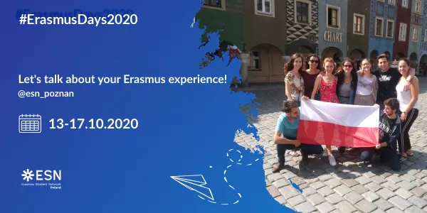 Group of Erasmus students holding a Polish flag