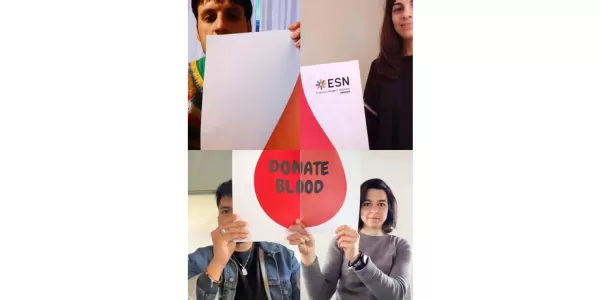 Collage of volunteers showing a blood drop with the message "donate blood"