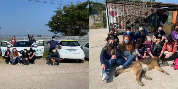 The ERASMUS students with some of the dogs from the shelter and with the cars that the company Guppy lent us.