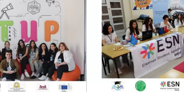Group of ESN'ers volunteering in the international office of Selcuk University.
