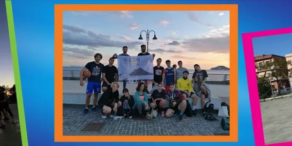 A panoramic banner of the evemt, with erasmus students and ESNers playing basket, and a photo with the ESN flag