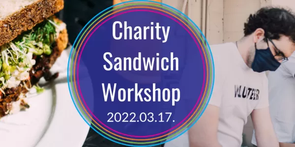 promotional image showing a sandwich on the left, the name and the date of the activity in the middle and 3 volunteers packing on the right