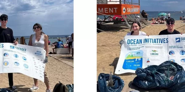A collage of two pictures showing the three coordinators in the beach holding the Surfrider Foundation's poster and the litter boxes on the floor.