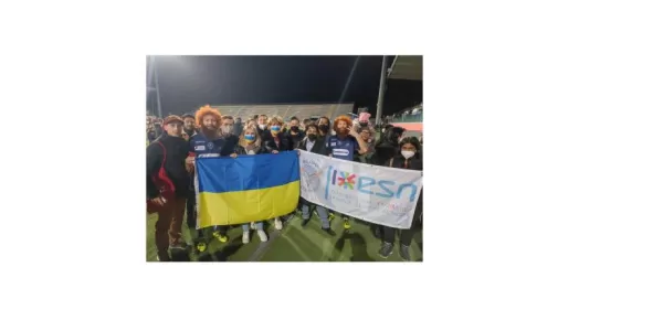 Students supporting Ukraine at the Soccr match