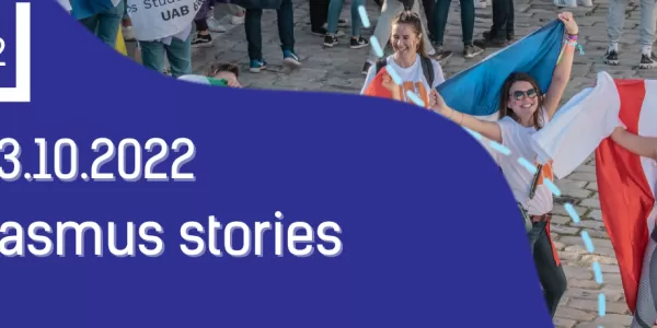 Left side Text #ErasmusDays2022 17-23.10.2022 7 days 7 Erasmus stories  on a dark blue oval background  right side young people with national  flags, right up corner logo od Erasmus Student Network Poland