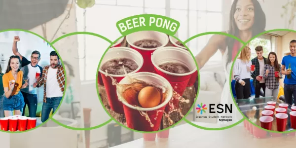 Name of the event, ESN Nijmegen Logo. People playing beer pong and having fun together.