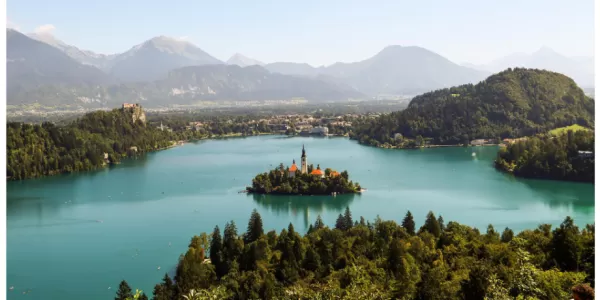 view on the lake Bled with the island and the church on it