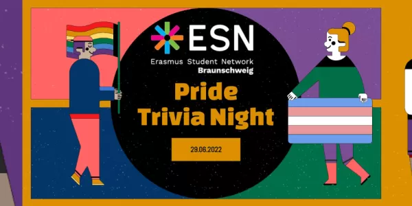 ESN Braunschweig Pride Trivia Night Cover. A Colorful collage of stylized LGBTQIA+ symbols.