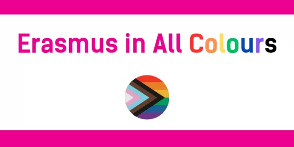 Multicolour "Erasmus in All Colors" title, under that Spektrum, LGBTQ+ Progress Flag and ESN Flag logos in small circles