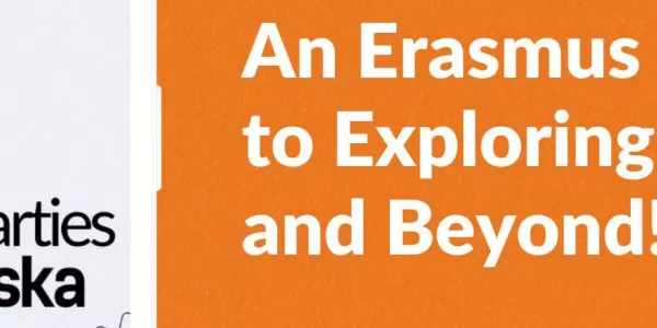 A white phone screen with the  name of guide and big, white sentence next to phone : '' An Erasmus Guide to exploring Warsaw and Beyond! ". All of it, is on orange background.