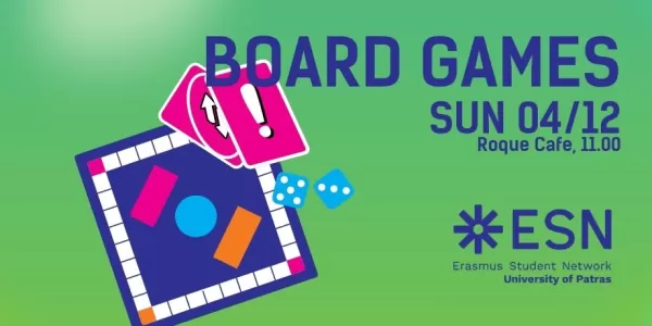 announcement for the board games day on a bubbly green background