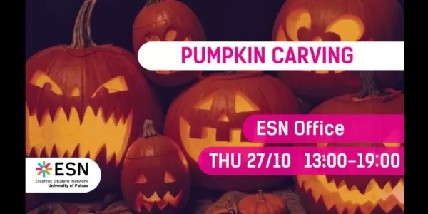 announcement for the pumpkin carving, the picture shows several carved spooky pumpkins