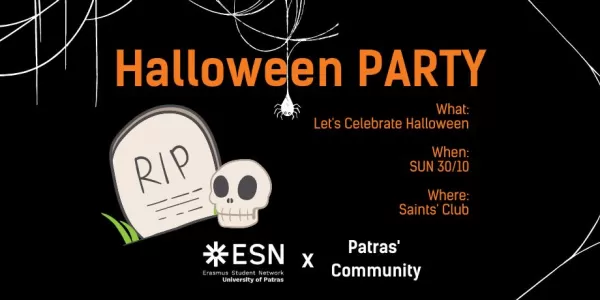 Announcement for the halloween party. there spider webs around the picture, while a tombstone and an animated skull lie in the center