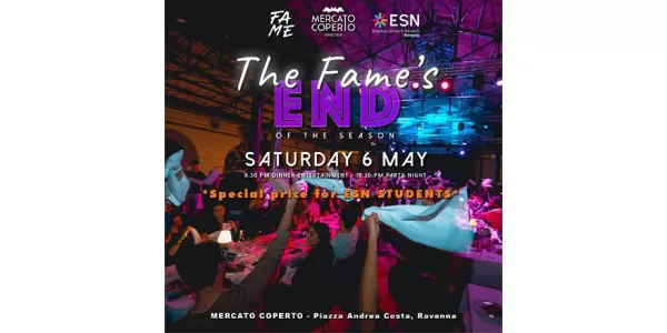 The promoting post of the event "The Fame's night" of the 6th May with the address of the event, the discounts for ESNers and the logos of the organizers. In the background people eating and having fun at Mercato Coperto