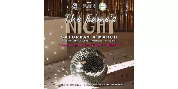 The promoting post of the event "The Fame's night" of the 4th March with the address of the event, the discounts for ESNers and the logos of the organizers. In the background a dance ball