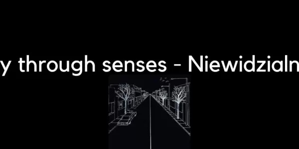 Poster showing white lettering "journey through the senses - invisible street" on a black background.