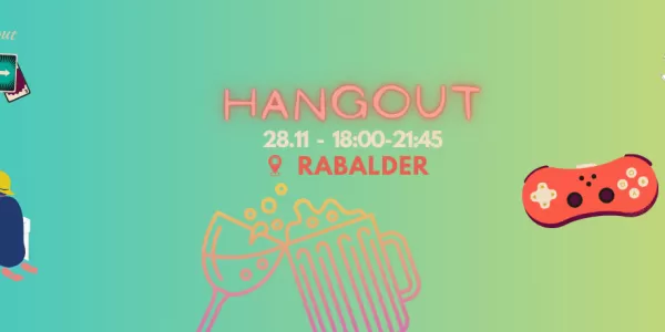 Light blue and green background with text "Hangout 28.12.2023 18-21:45 Rabalder'' in the middle. Around it different smaller images of games.
