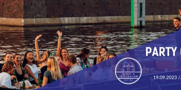 A boat in a canal with many people and the basic facts about the event.