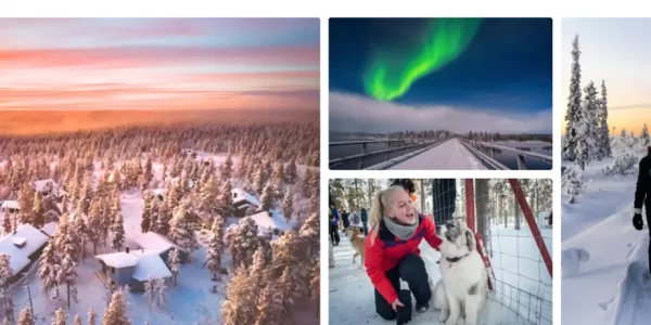 A winter image collage of lappland: sunset/sunrise, northern lights, a person petting a husky, Time Travels guide walking on snow.