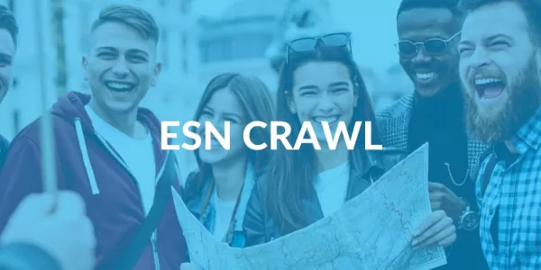 ESN's light blue color in the background, faded on top of the colour is a group of people laughing and having fun, while exploring a city. ESN crawl is written in the middle of the picture.