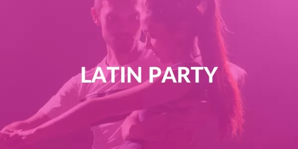 A couple dancing close to each other faded on ESN's pink colour. Latin party is written in the middle of the picture.