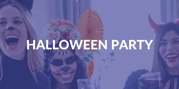 A group of people wearing Halloween costumes are in the back, faded behind the dark blue ESN colour. Halloween party is written in the middle of the picture.