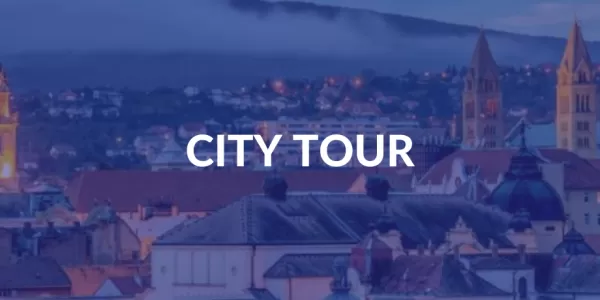 The city of Pécs is visible faded away on ESN's dark blue background. City Tour is written in the middle of the picture.