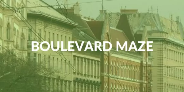 There's one of the most famous boulevards of Budapest faded behind ESN's green colour. Boulevard maze is written across the photo in the middle.