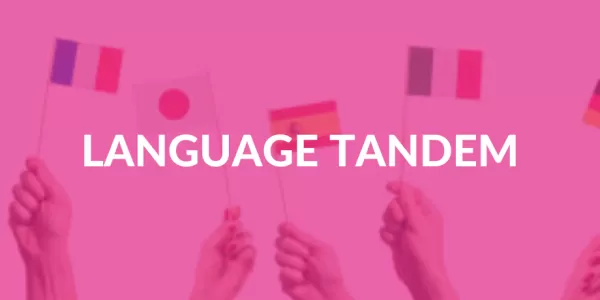 There are plenty of hands holding flags from different nationalities faded in the background, on top of ESN's bright pink colour. Language Tandem is written in the middle of the photo.
