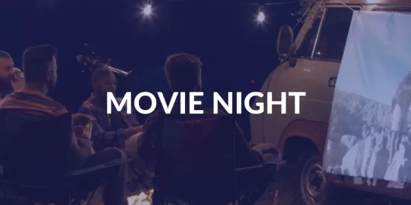 A group of people watching a movie is potrayed faded behing ESN's dark blue colour. Movie night is written in the middle of the cover picture.