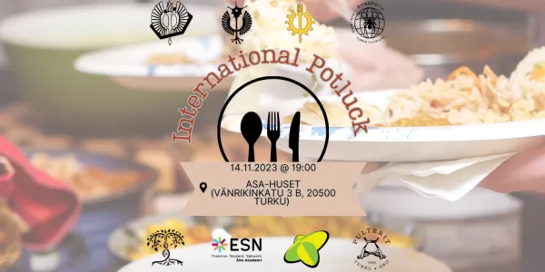 Sheer colored background with a dinner table, and a person holding a plate and taking food. Student union logos TYK ry, IVA ry, Synapsi ry, Pulterit ry, Biologica rf, Digit ry, ESN AAU, and hybridi ry in the framing a text International Potluck and a logo of fork, knife and spoon.