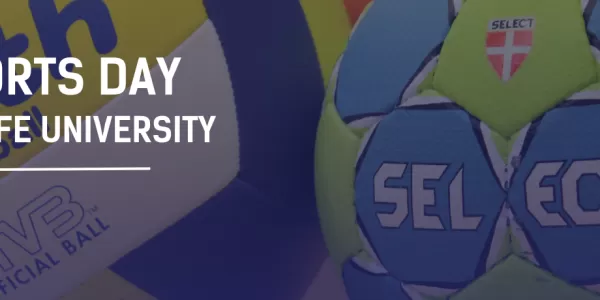 Vollayball ball as background with the activity name and our logo in blank