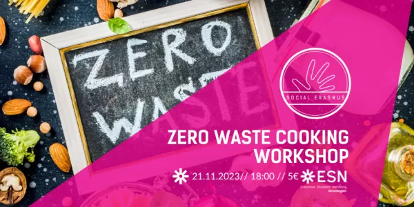 Wide immage showing food on a table with a small text on a chalkboard "Zero Waste"