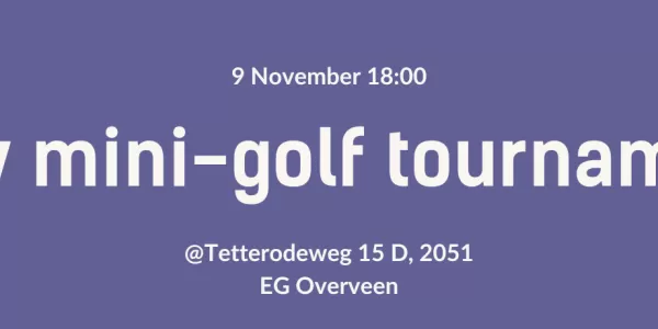A vibrant orange poster featuring the event's title, "Glow mini-golf" is prominently featured, along with the event location, "Overveen" Scattered across the poster are playful illustrations of people actively participating in the golf