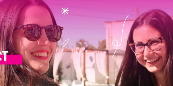 The cover of our instagram post showing two girls smiling at the camera, one of them is wearing sunglasses. The picture has a magenta filter on top of it and it shows the title of the campaign, "Youth and Social Impact"