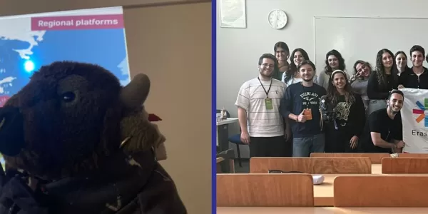 a picture of The bull teaching about regional platforms, and a picture of new ESN'ers and Local Board from Power Up Training