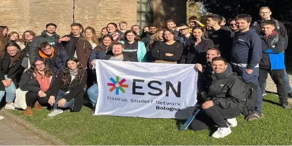 GROUP OF PEOPLE IN FRONT OF SAN VITALE; WITH FLAG OF ESN BOLOGNA