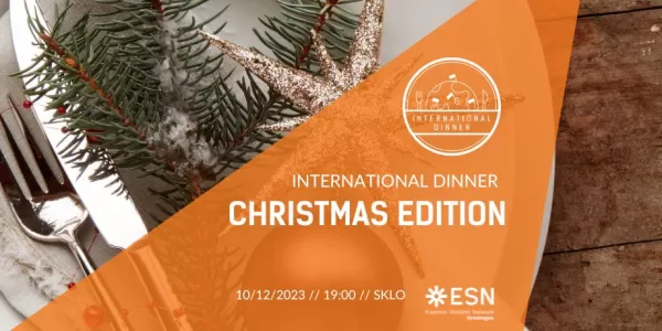 A festive decorated table. Basic description of where and when the event takes place and the ESN logo.