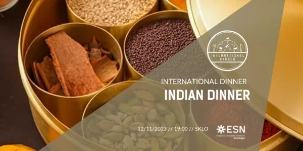 Indian spices in golden tones. Title saying Indian dinner and most important facts such as time and place for the event and the ESN logo