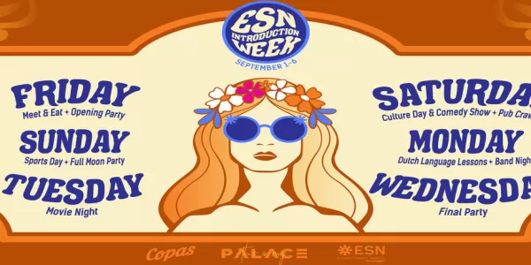 This is the programme overview of the September 2023 ESN Groningen Introduction Week. In the middle, you can see a woman in comic style who is wearing sunglasses. Next to it, you can see the programme overview.