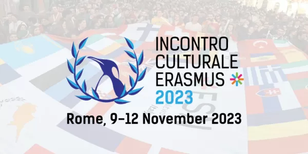 A cover picture showing ESN Italy's flags collage during the flag parade in the background, and the Incontro Culturale Erasmus logo in the middle