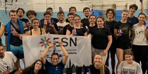 Group of international students with ESN Modena flag