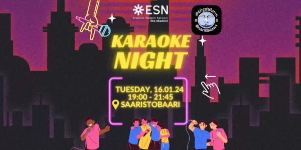 A text Karaoke Night Tuesday 16.01.24 19:00-21:45 Saaristobaari on a background of black and purple city. Characters singing karaoke.