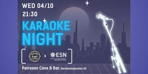 announcement for the karaoke night, a microphone icon is in front of a starry city