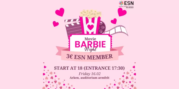 Movie related items on a pink background. A text movie Barbie night 3e ESN member starts at 18 (entrance 17:30) Friday 16.02 Arken auditorium armfelt