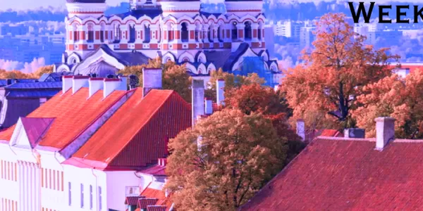 A picture of Tallinn with a blue-purple hue. Text Weekend@Tallinn 2.2-4.2. and ESN Åbo Akademi logo