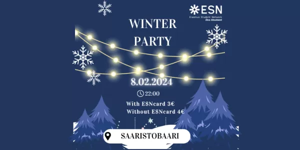 Spruces, snow, fairy lights and snowflakes on a deep blue background. A text "Winter party Saaristobaari 8.02.2024 with ESNcard 3e without ESNcard 4e"