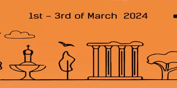 Banner with the event name and dates, in a background of orange with the silhouette of Evora's iconic monuments in black.