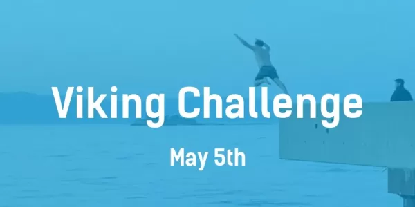 guy jumping into the fjords. text: "viking challenge. may 5th."