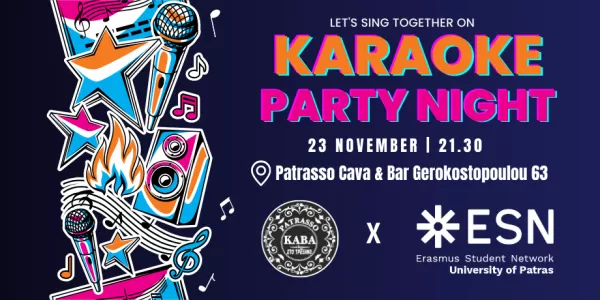 announcement for the karaoke night, several icons and shapes in front of a blue background